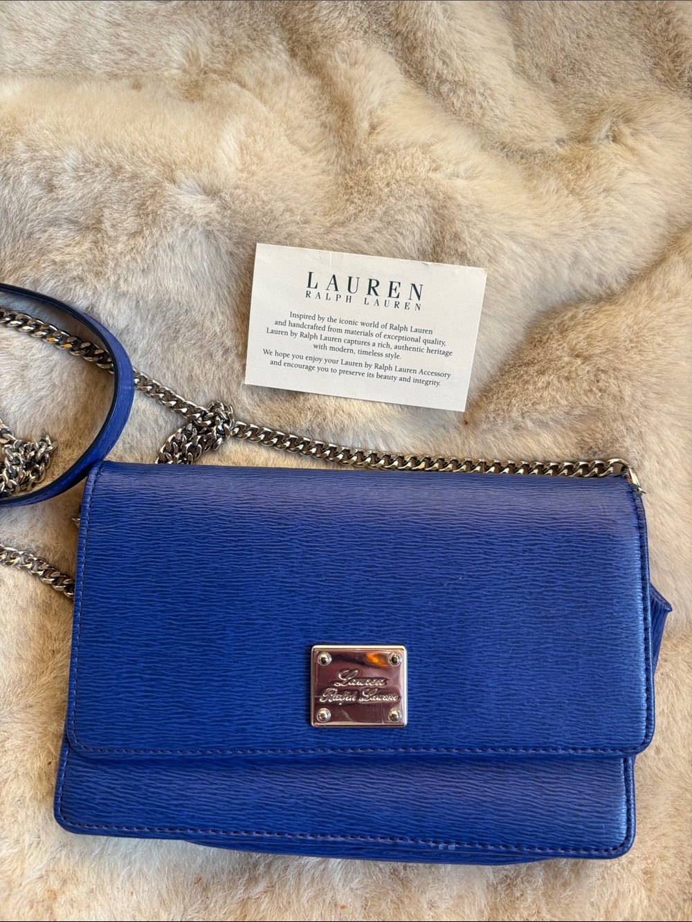 Lauren Ralph Lauren Vintage Blue Leather Chain Crossbody with Logo Plate - Picture 9 of 9